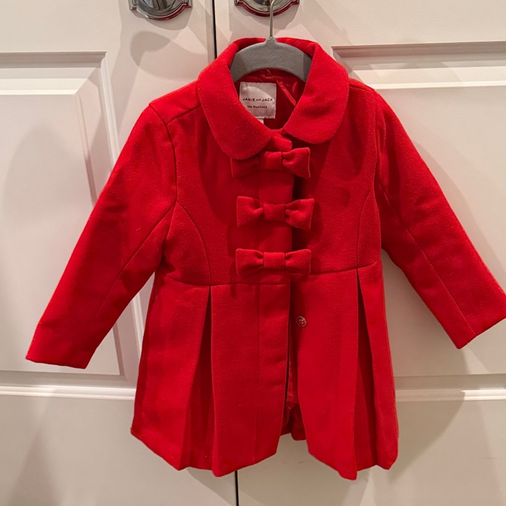 Janie and Jack Red Bow-Front Kids Coat - Classic Peacoat Style